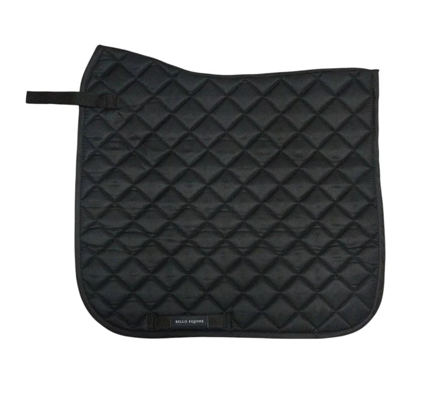 A black quilted saddle pad with a diamond pattern and a small black brand label at the bottom edge, shown on a plain white background.