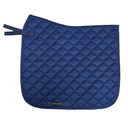 A navy blue quilted horse saddle pad with a diamond pattern, featuring a matching leather strap and a small black brand label at the bottom.