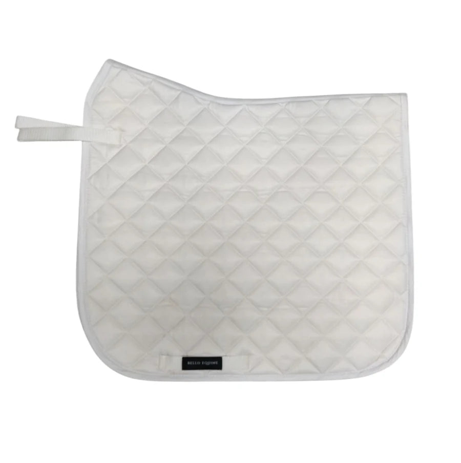 A white quilted horse saddle pad with a diamond pattern and a small black brand label, shown on a plain white background.