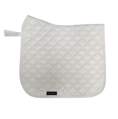 A white quilted horse saddle pad with a diamond pattern and a small black brand label, shown on a plain white background.